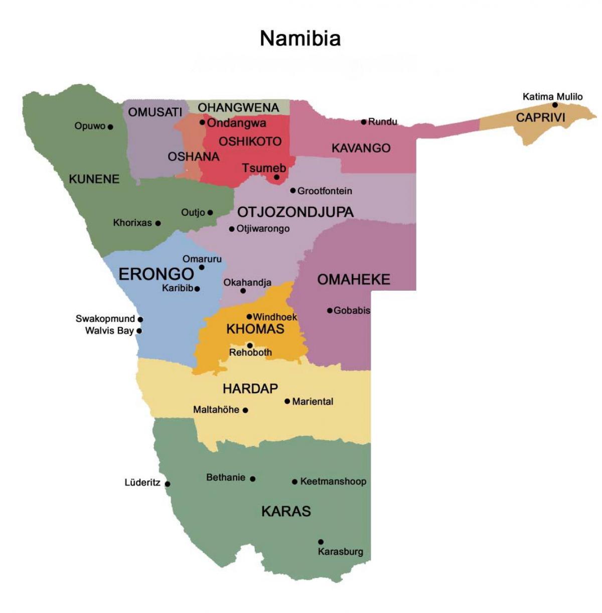 Kaart van Namibië met regio ' s
